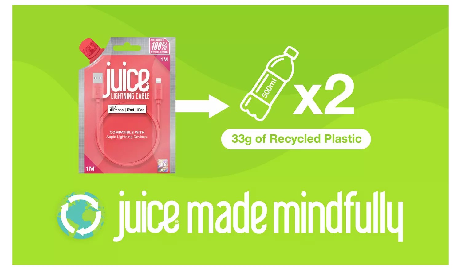 Juice USB A to Lightning 1m Charge Cable - Coral