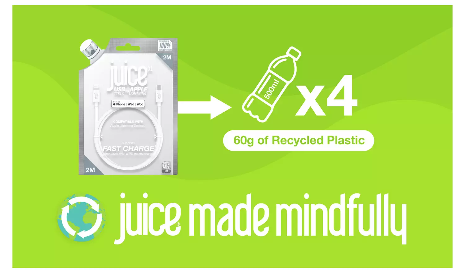 Juice 2m Lightning to Type C Charge Cable - White