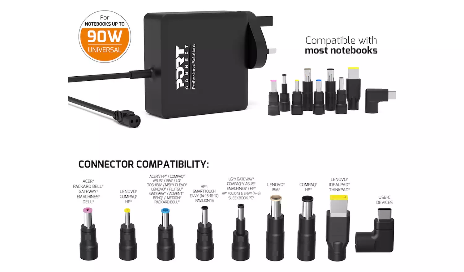 Port Connect Universal 90W Laptop Power Supply