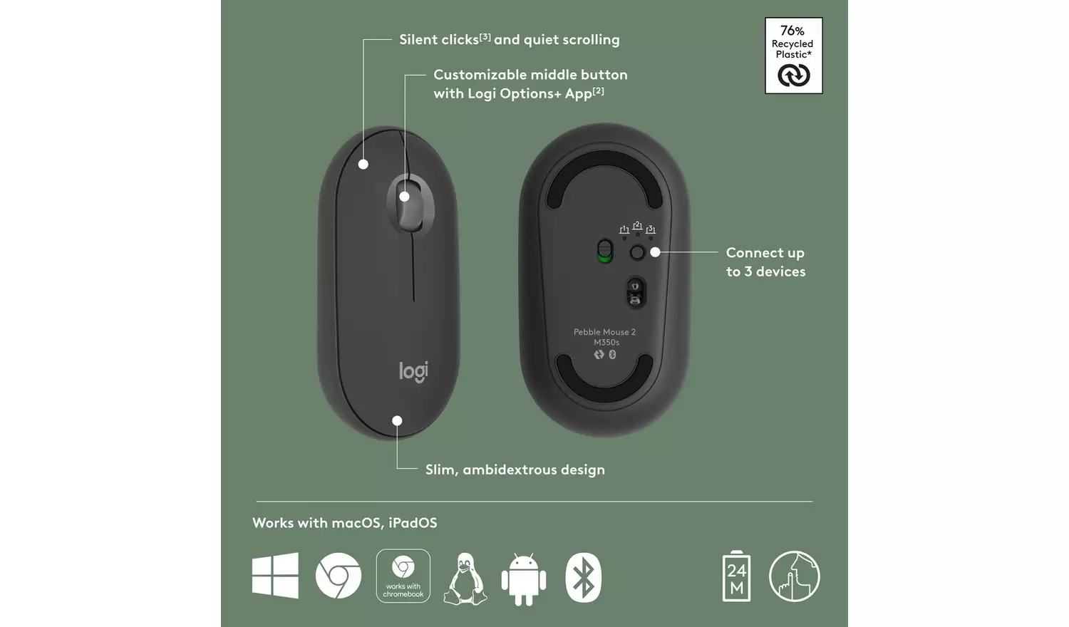 Logitech Pebble 2 M350S Wireless Mouse - Graphite