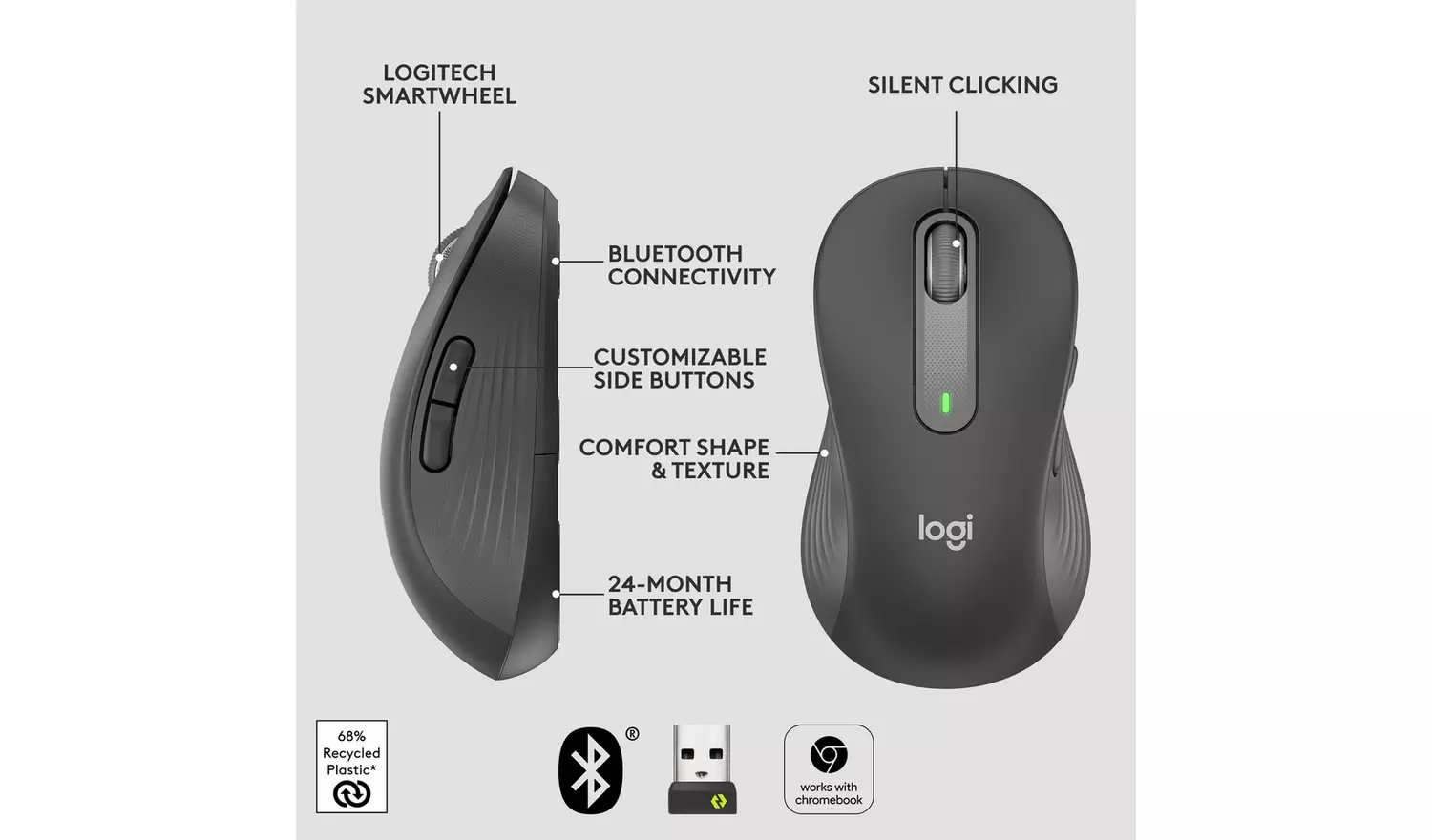 Logitech M650 Left Handed Wireless Mouse - Black