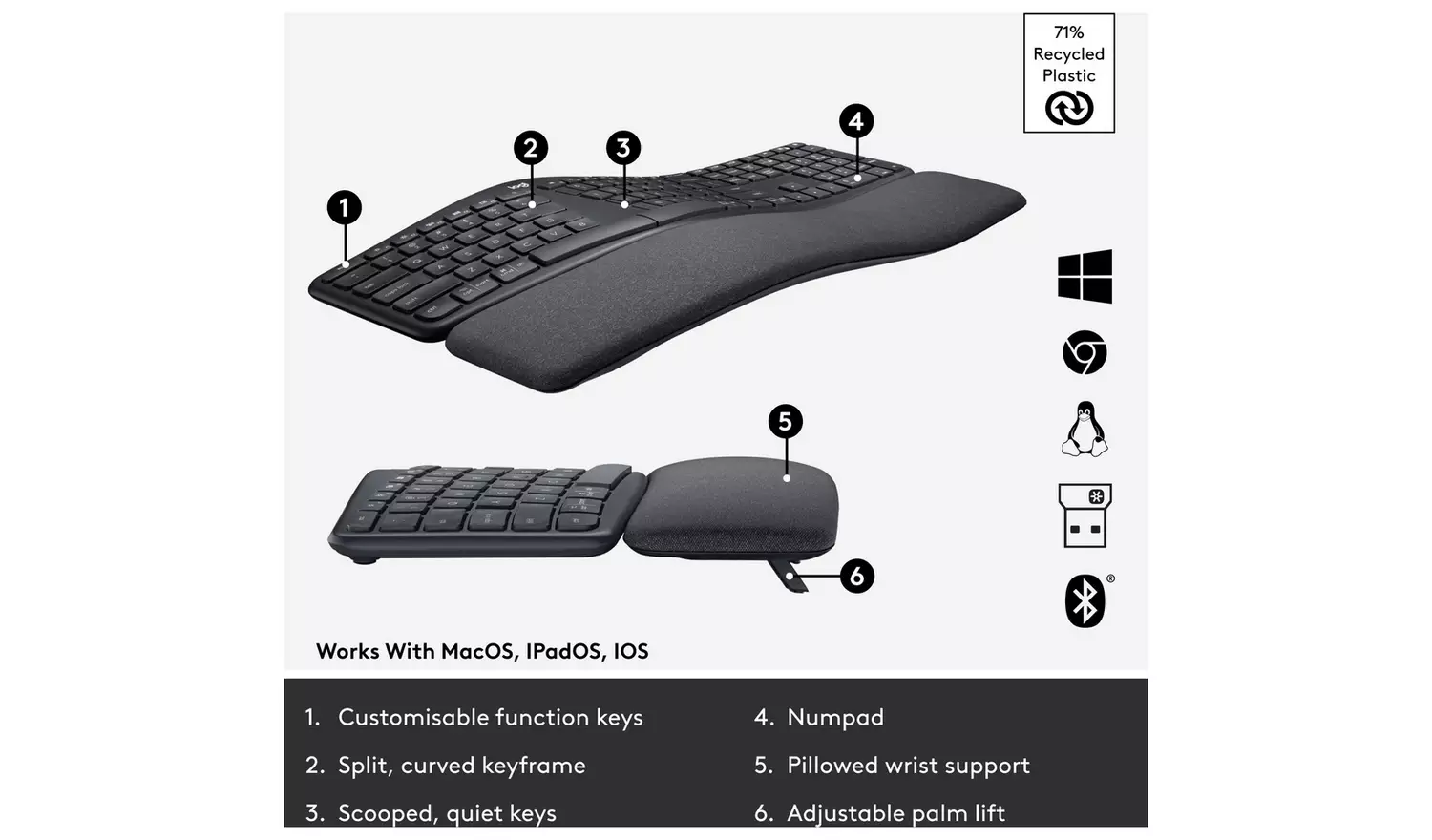 Logitech ERGO K860 Wireless Ergonomic Keyboard - Grey