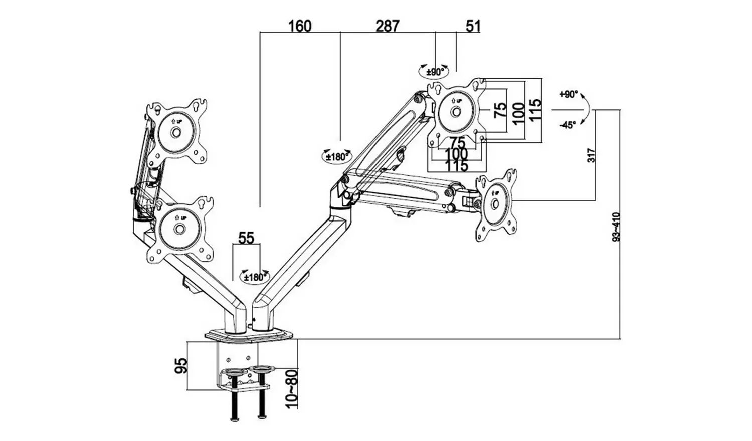ProperAV Dual Swing Arm Monitor Mount Gas Spring 17-32 Inch