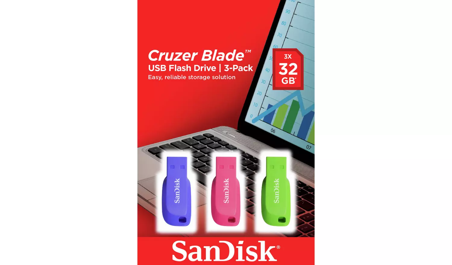 SanDisk Cruzer Blade USB 2.0 Flash Drive Pack of 3 - 32GB