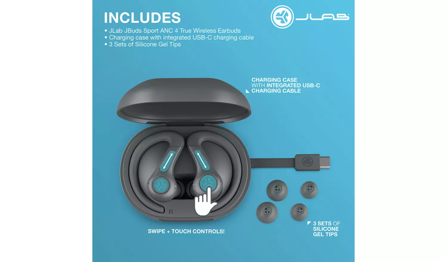 JLab JBuds Sport ANC 4 True Wireless Earbuds - Graphite