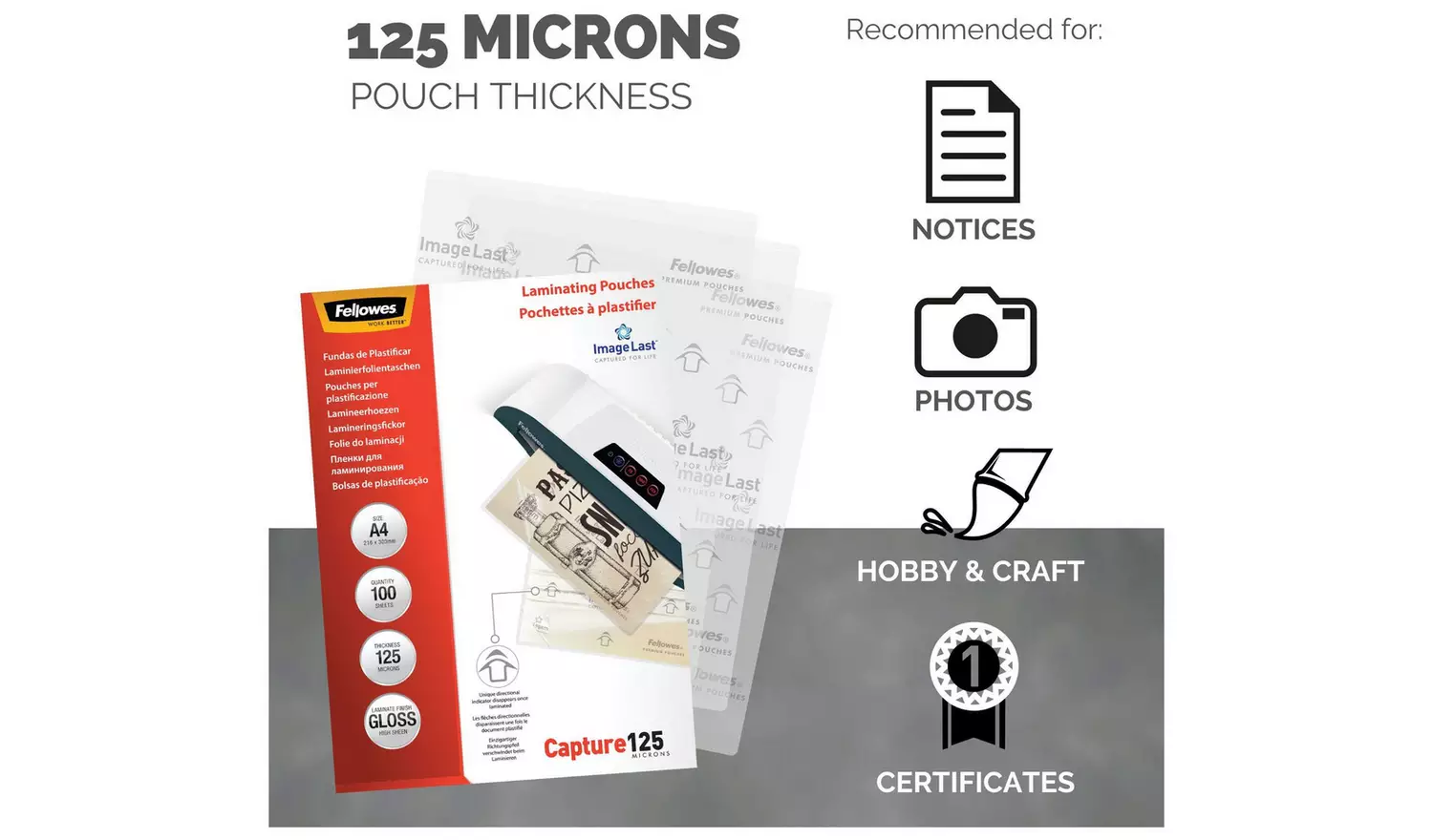 Fellowes A4 125 Micron Laminating Pouches - Pack of 100