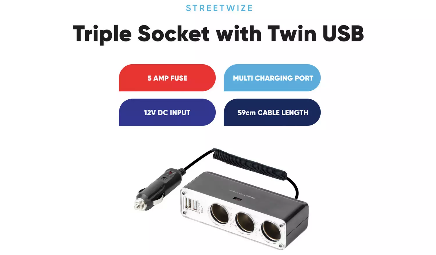 Streetwize Triple 12V Socket Adapter With Two USB Ports