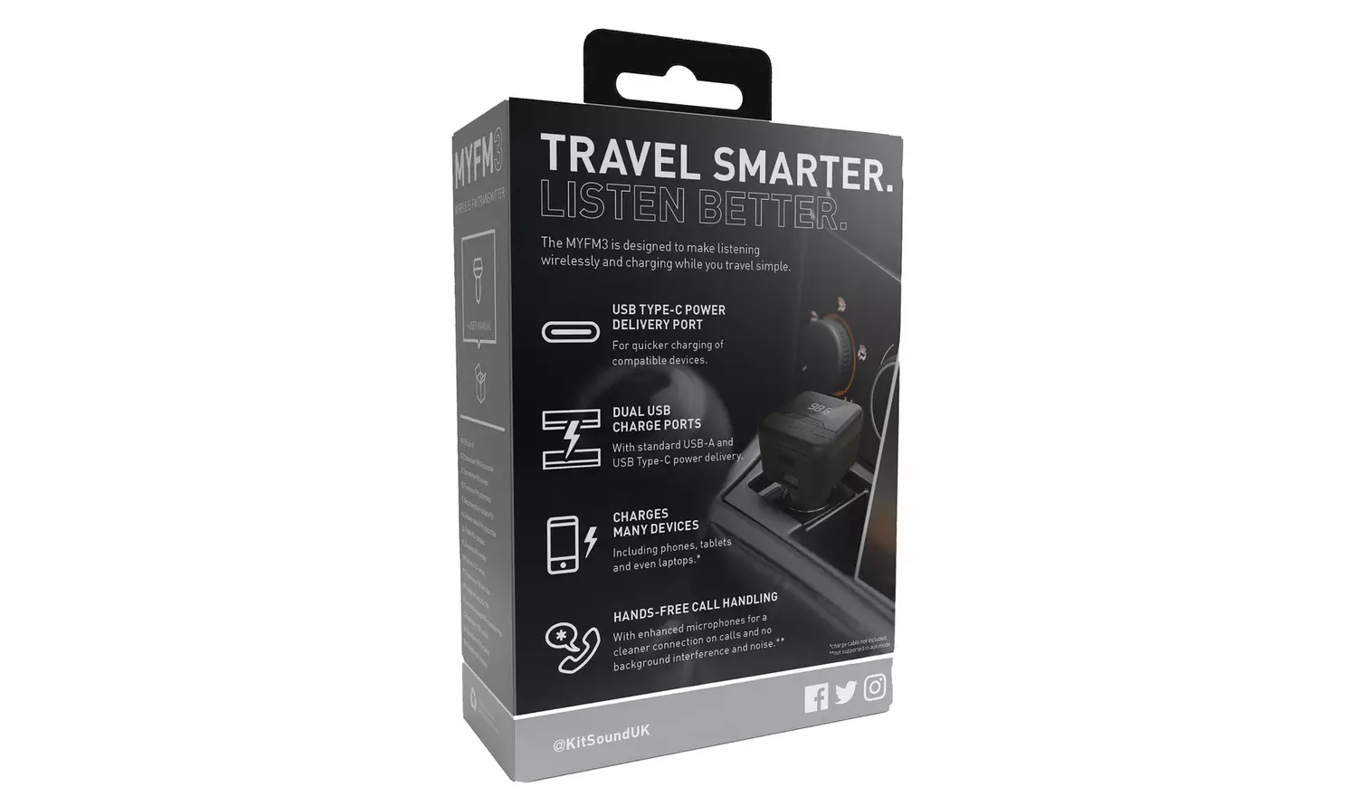 Kitsound MYFM3 Bluetooth 5.0 FM Transmitter - Black