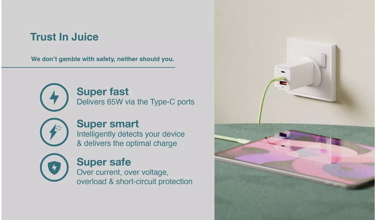 Juice 65W USB-A and USB-C Triple PD Wall Charger - White
