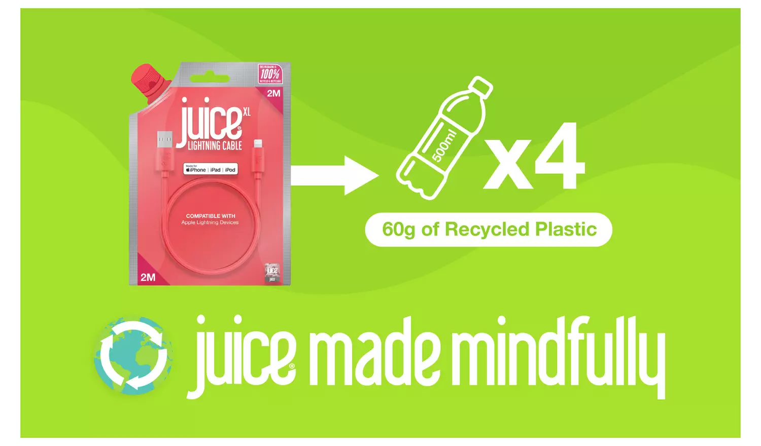 Juice USB to Lightning 3m Charging Cable - Coral