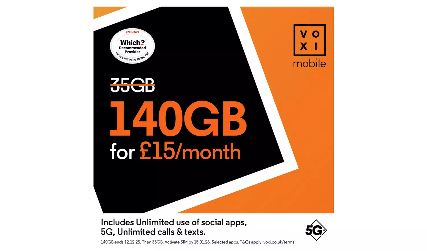 VOXI 140GB 30 Day Pay As You Go SIM Card