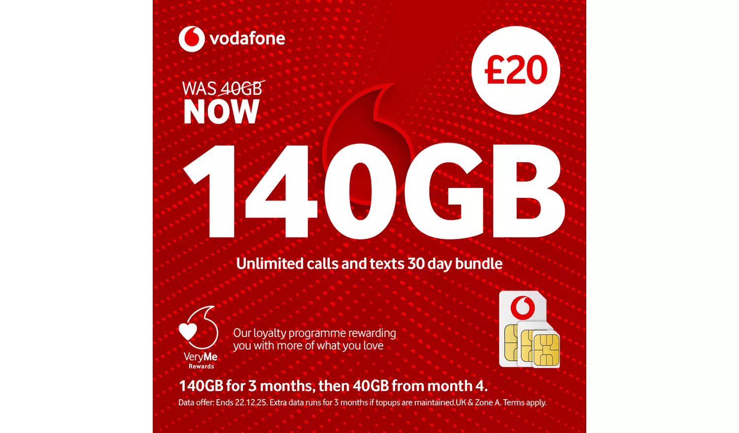 Vodafone 140GB Pay As You Go SIM Card