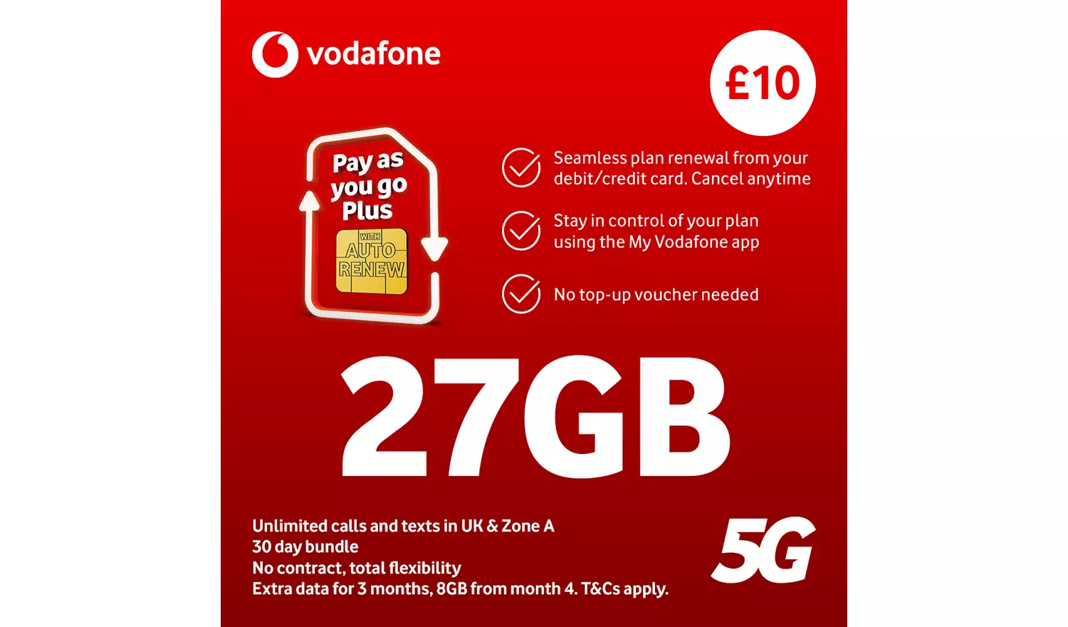 Vodafone 27GB Pay As You Go Plus SIM Card