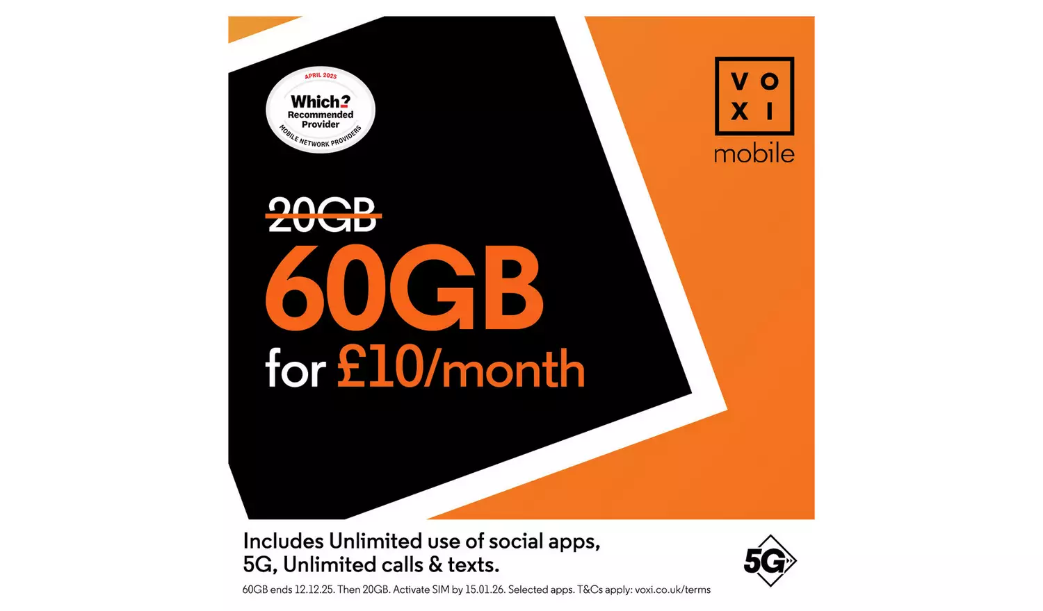 VOXI 60GB 30 Day Pay As You Go SIM Card