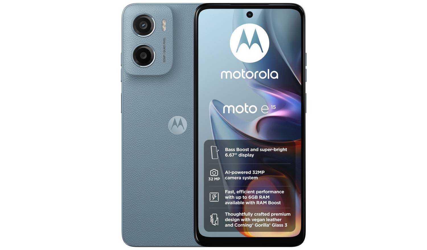 SIM Free Motorola e15 64GB Mobile Phone - Misty Blue