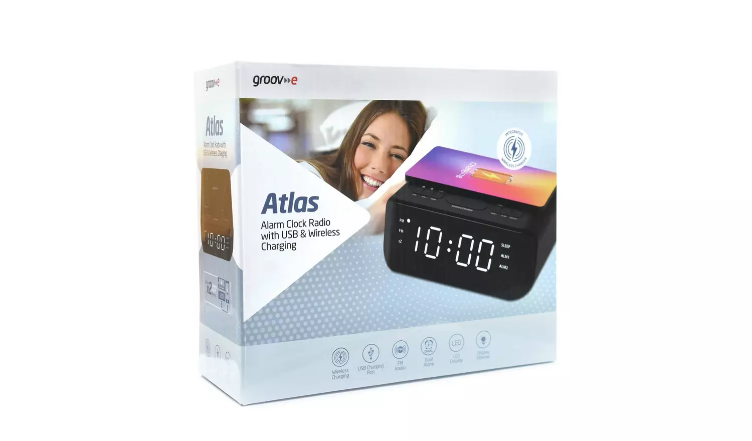 Groov-e Atlas FM Alarm Clock Radio with Wireless Charging