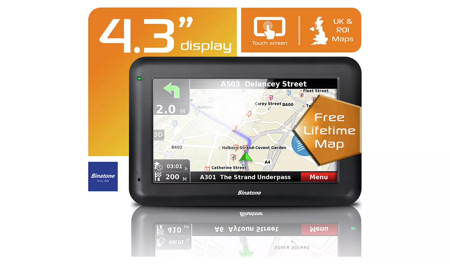 Binatone U435 4.3 Inch Sat Nav Lifetime Maps Uk & ROI