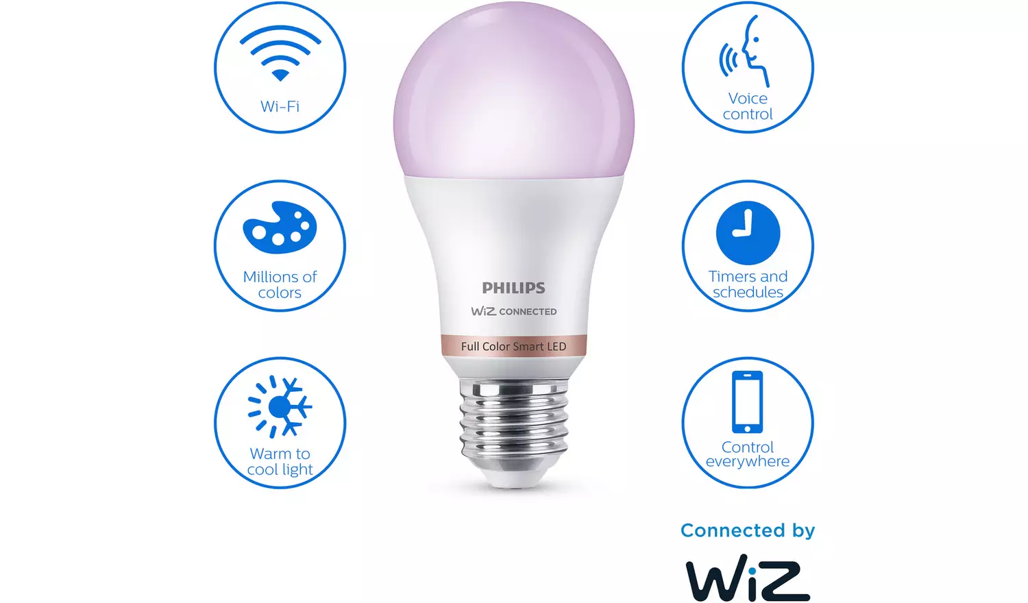 Philips WiZ E27 Colour Smart LED Wi-Fi Bulb - 2 Pack