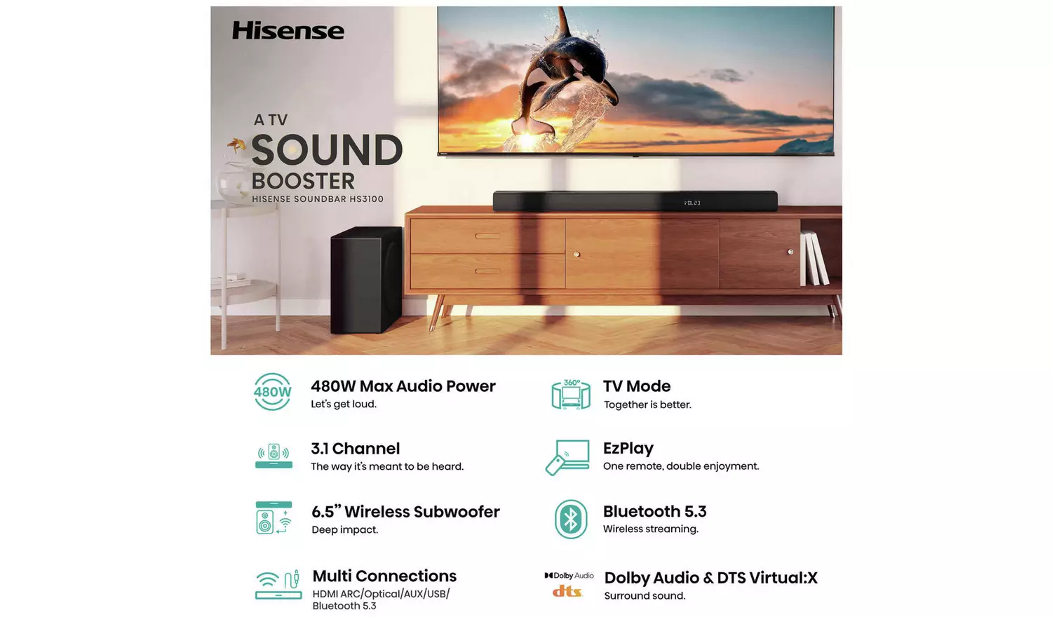 Hisense HS3100 480W 3.1Ch Soundbar with Wireless Sub