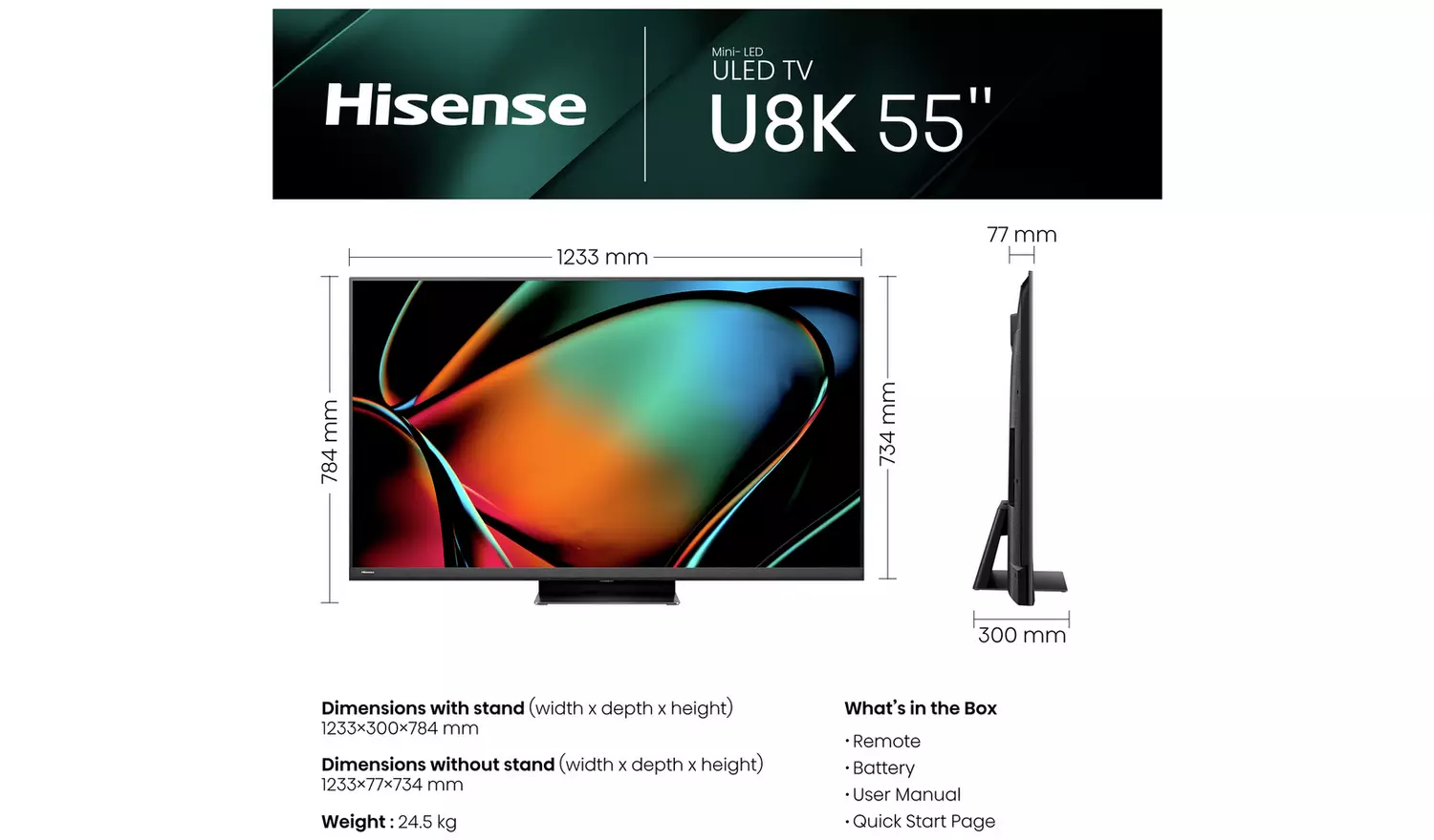 Hisense 55 Inch 55U8KQTUK Smart 4K 144Hz UHD HDR Mini LED TV