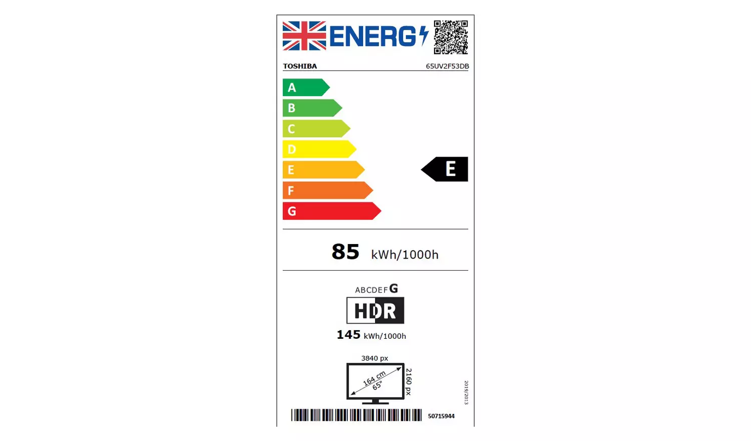 Toshiba 65 Inch 65UV2F53DB Smart 4K UHD HDR LCD Freely TV