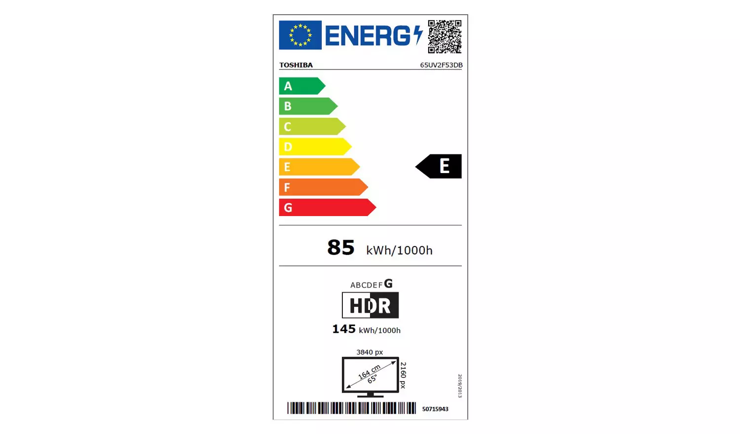 Toshiba 65 Inch 65UV2F53DB Smart 4K UHD HDR LCD Freely TV