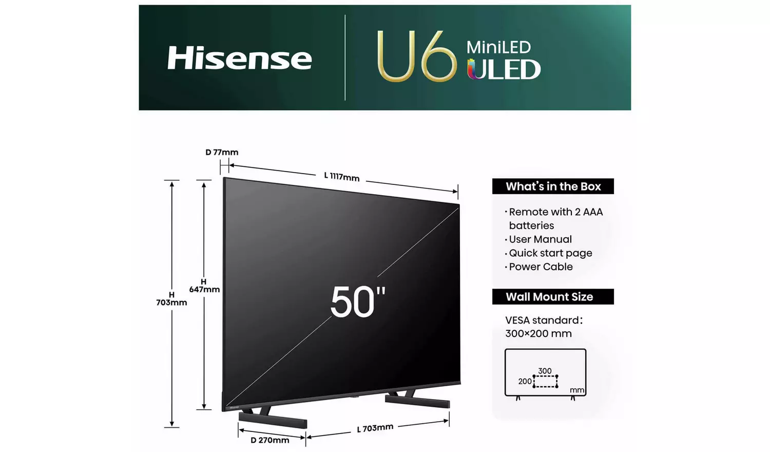 Hisense 50 In 50U6NQTUK Smart 4K UHD HDR Mini LED Freely TV