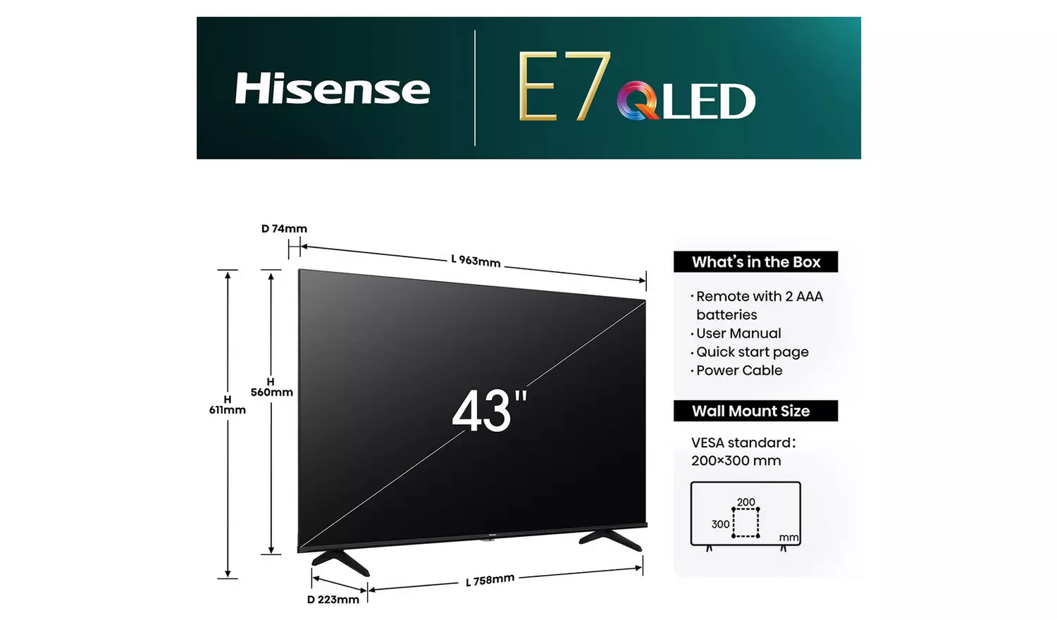 Hisense 43 Inch 43E78NQTUK Smart 4K HDR UHD QLED Freely TV