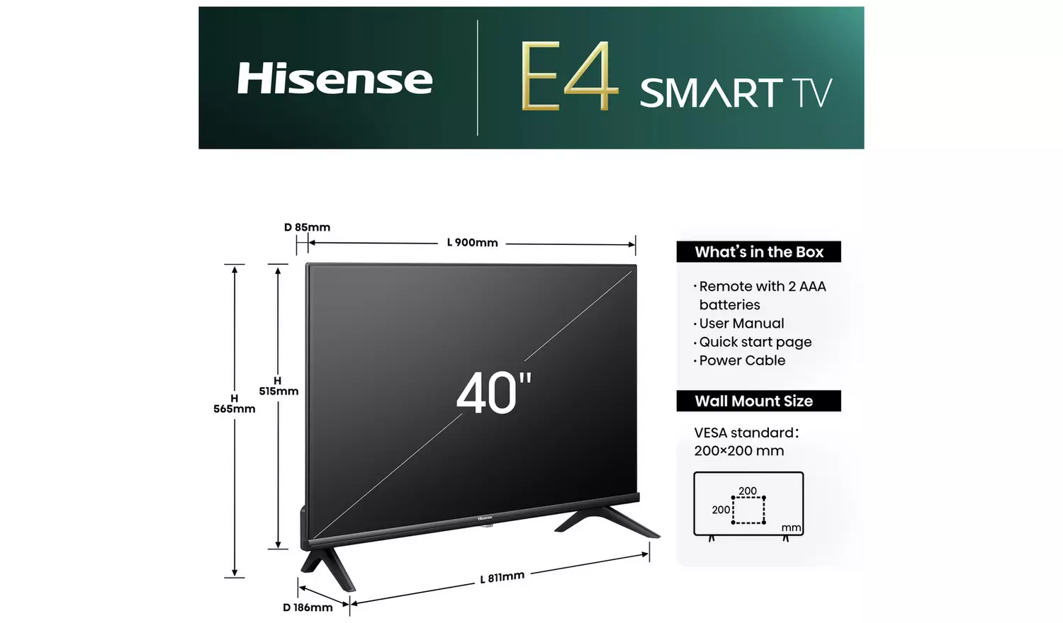 Hisense 40 Inch 40E4NTUK/40A4NTUK Smart Full HD Freeview TV