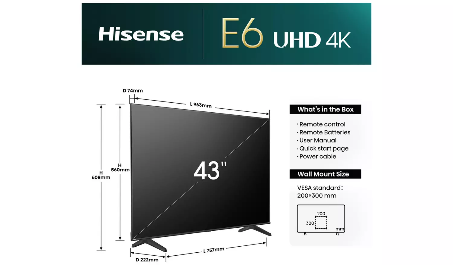 Hisense 43 Inch 43E6NTUK Smart 4K UHD HDR LED Freely TV