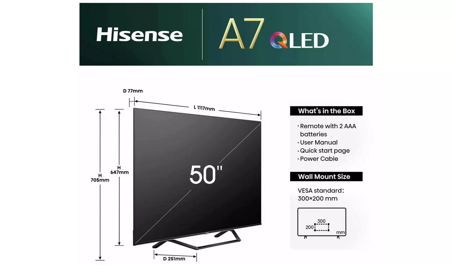 Hisense 50 Inch 50A7NQTUK Smart 4K UHD HDR QLED Freely TV