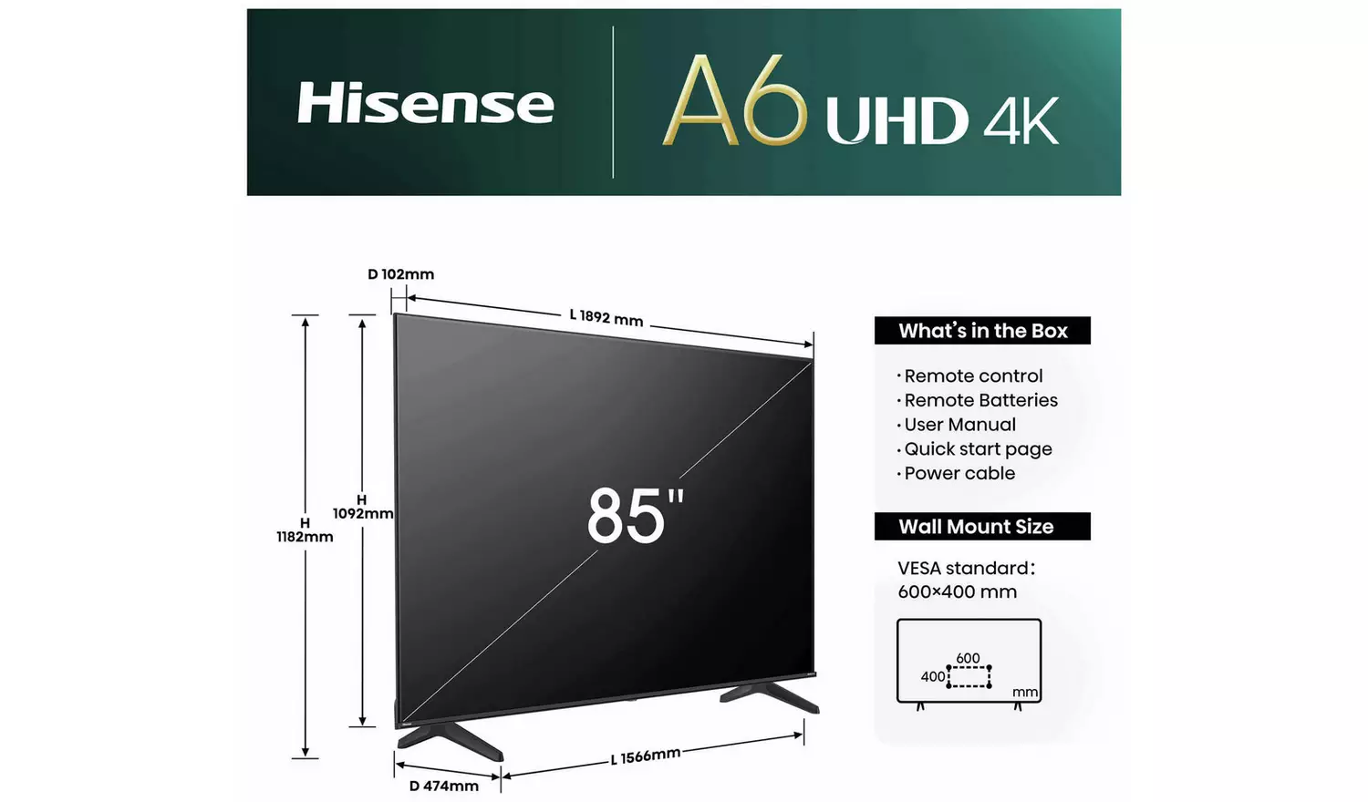 Hisense 85 Inch 85A6NTUK Smart 4K UHD HDR LED Freely TV