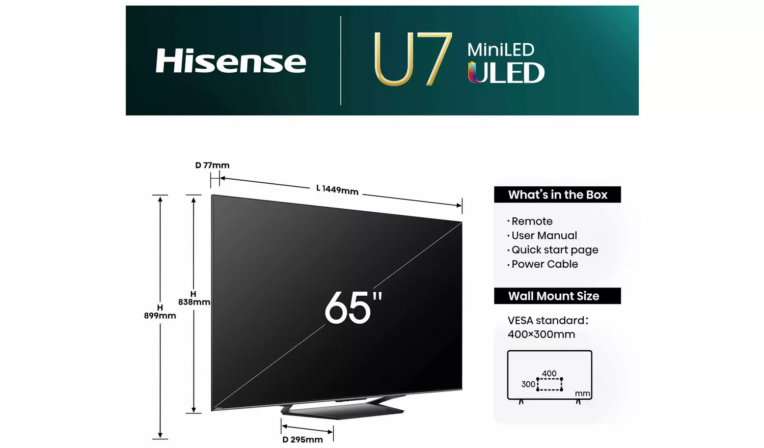 Hisense 65 In 65U7NQTUK Smart 4K UHD HDR Mini LED Freely TV
