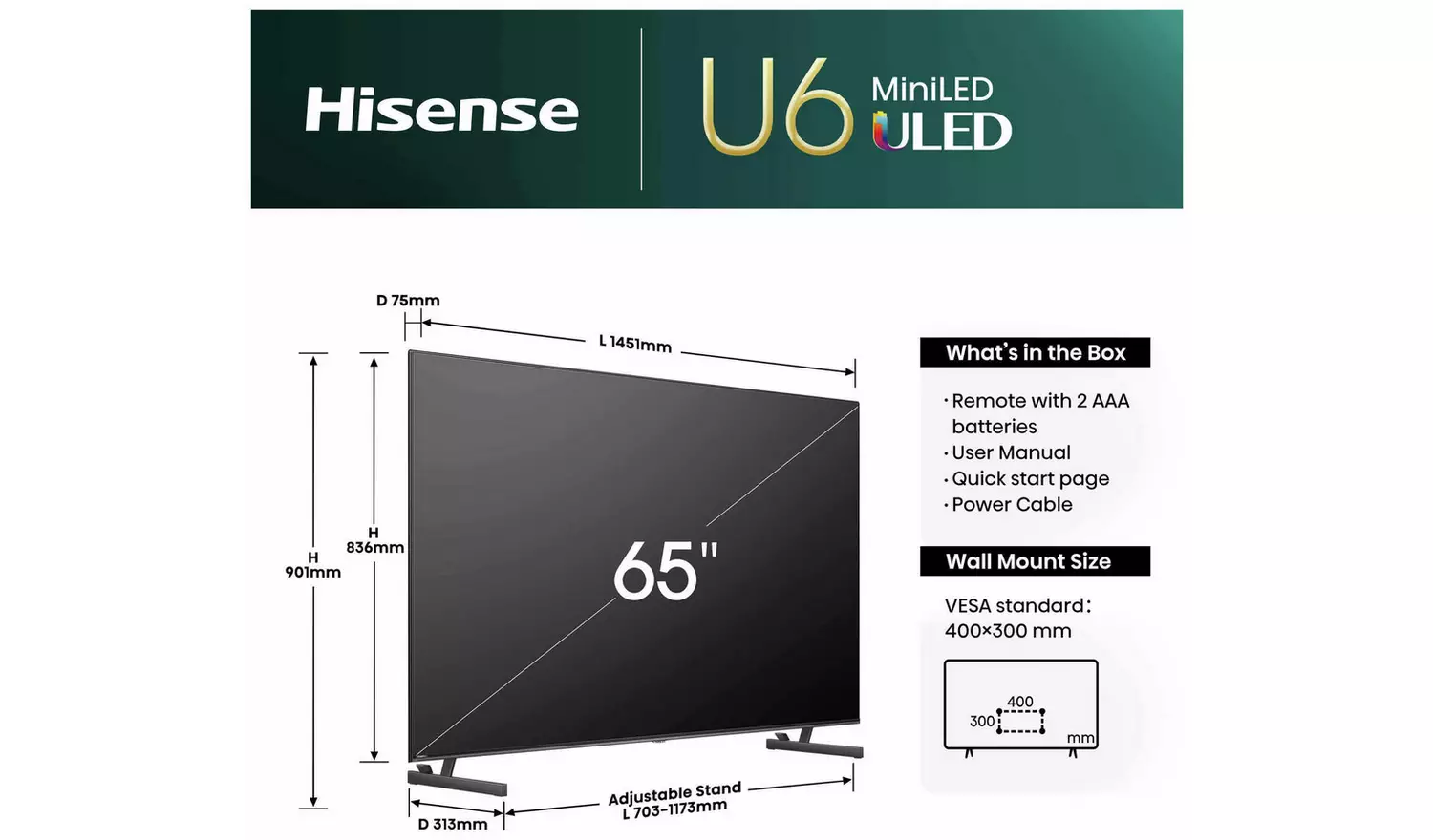 Hisense 65 In 65U6NQTUK Smart 4K UHD HDR Mini LED Freely TV