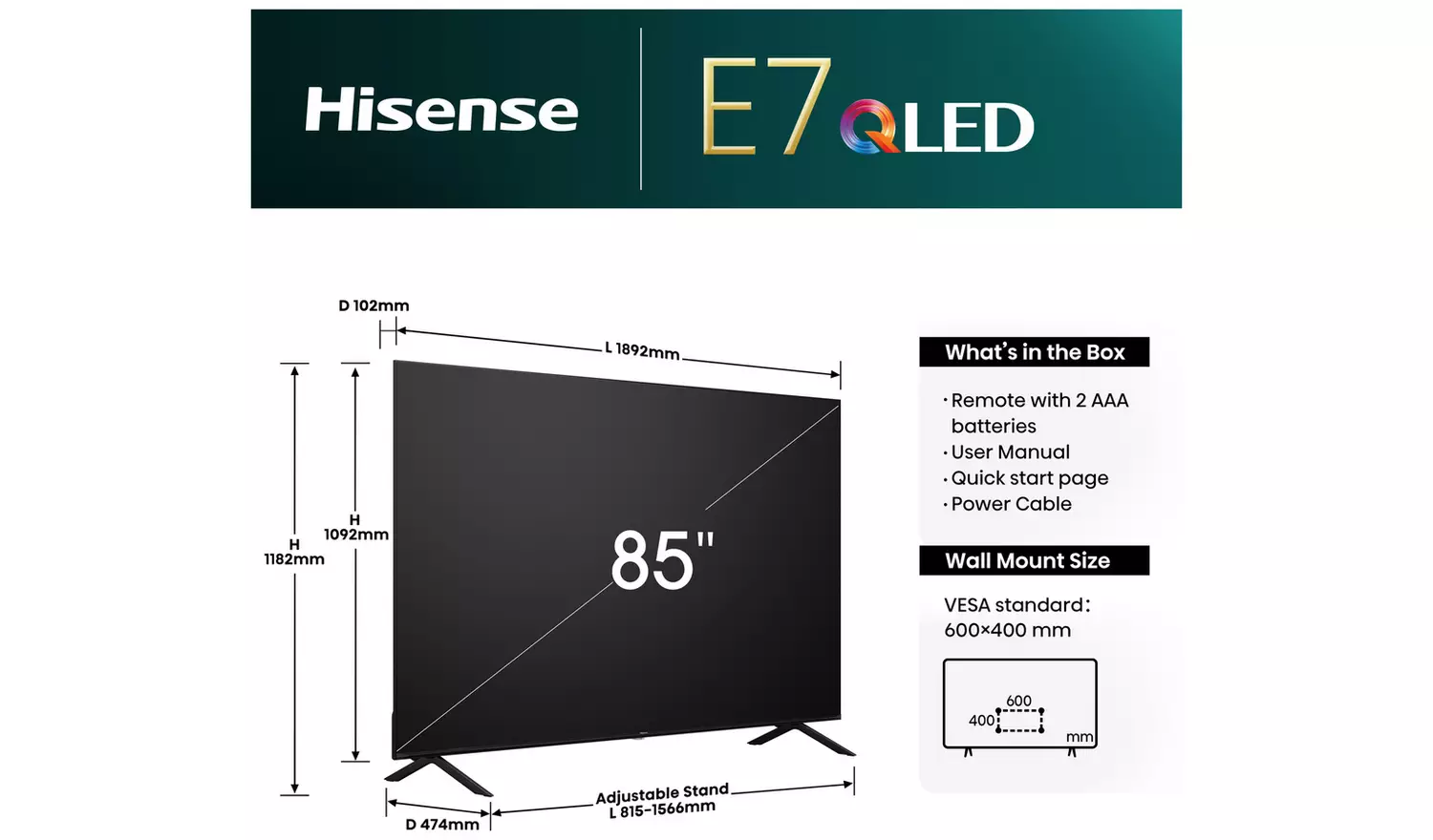 Hisense 85 Inch 85E7NQTUK Smart 4K UHD HDR QLED Freely TV