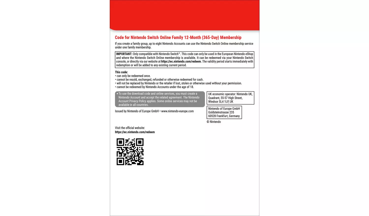 Nintendo Switch Online 12 Month Family Membership