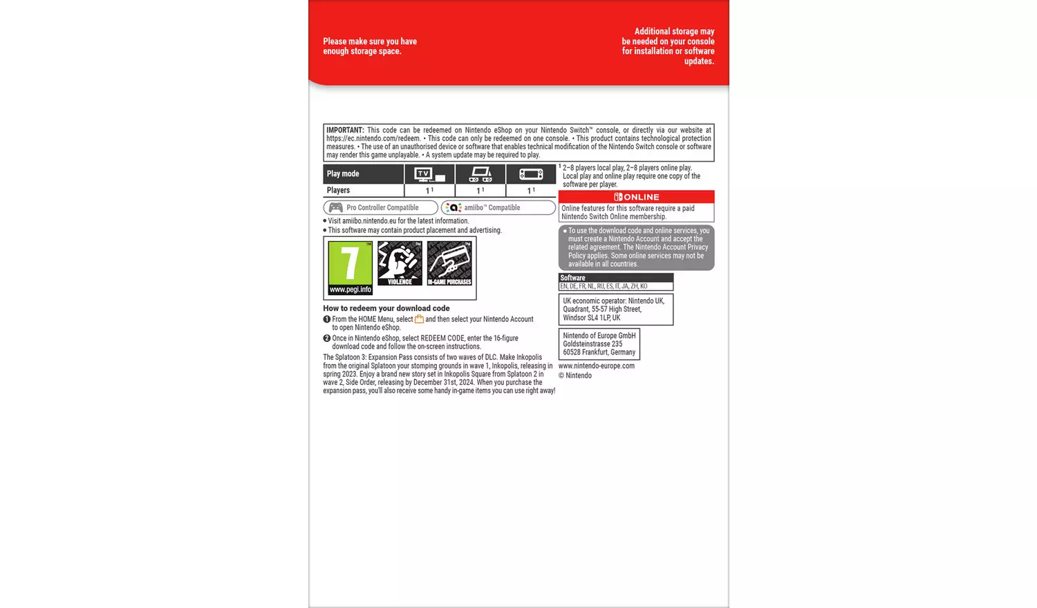 Splatoon 3 Expansion Pass Nintendo Switch DLC