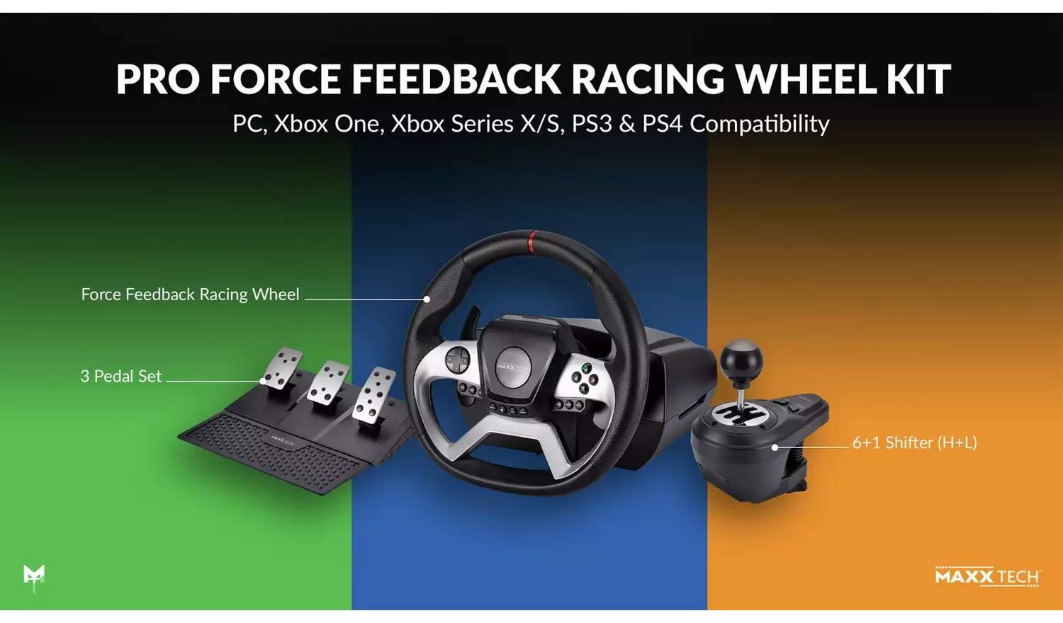 Maxx Tech Pro Force Feedback Racing Wheel Kit PC, Xbox & PS4