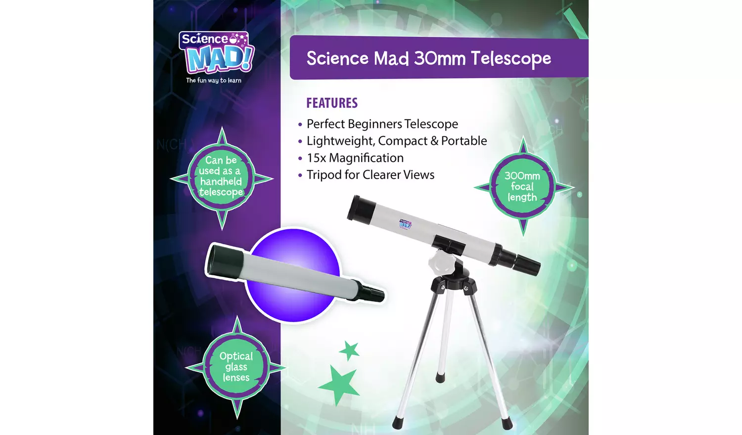 Science Mad 30mm Telescope with Tripod