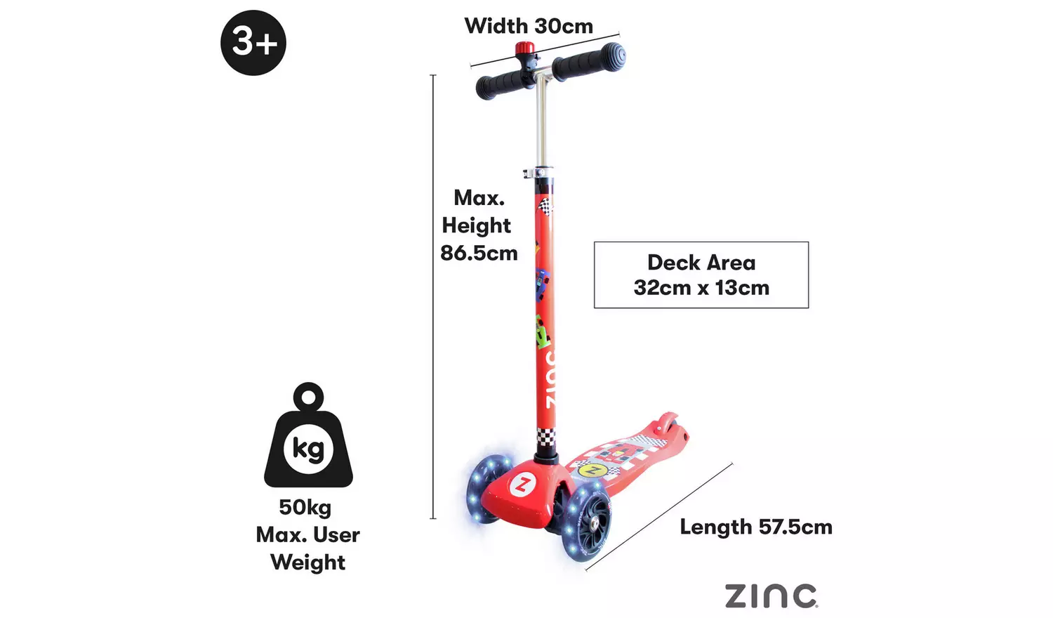 Zinc Light Up Racecar 3 Wheel Scooter - Red
