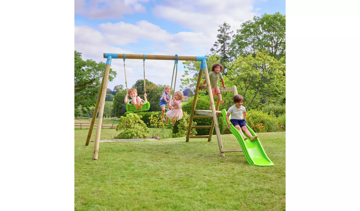 TP Wooden Double Swing Set, Glider, and Slide