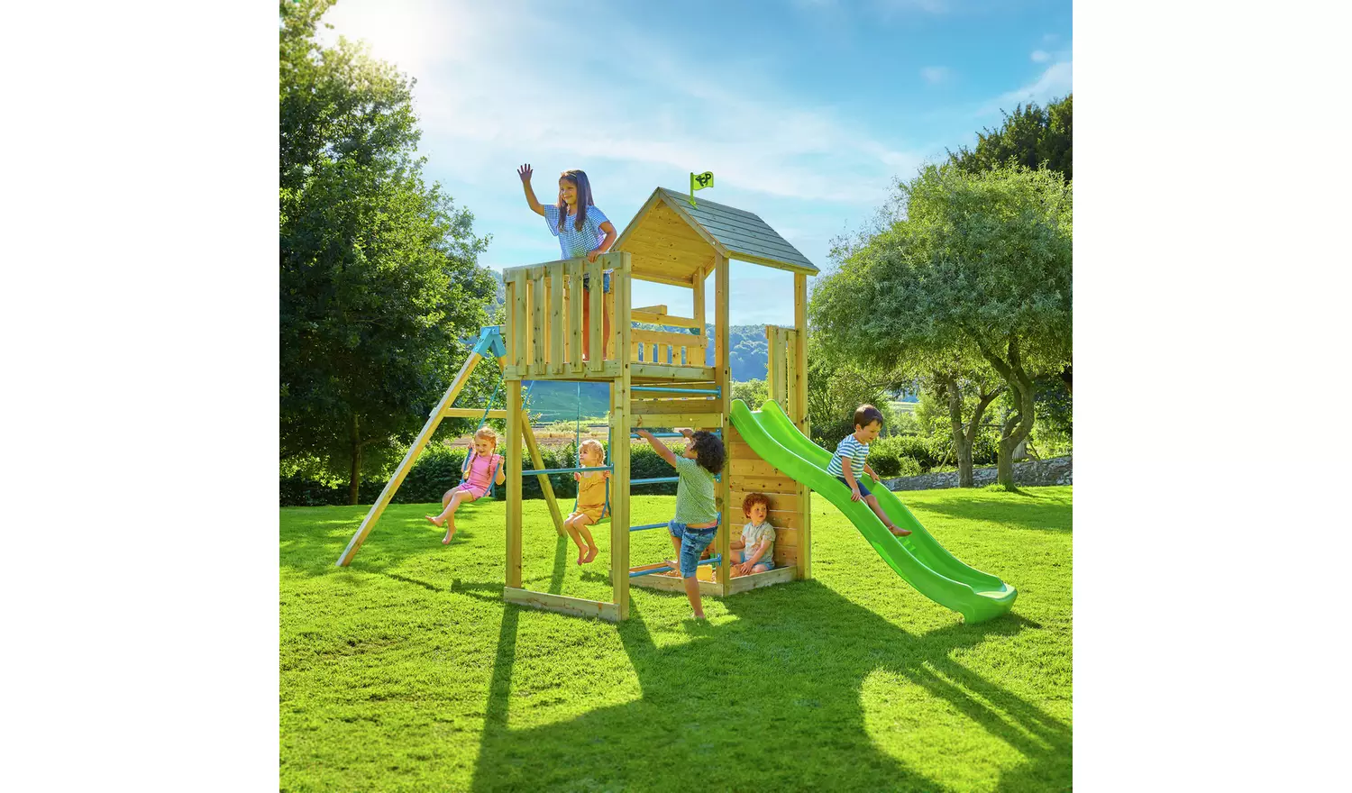TP Skywood Wooden Climbing Frame with Deck, Swing, and Slide