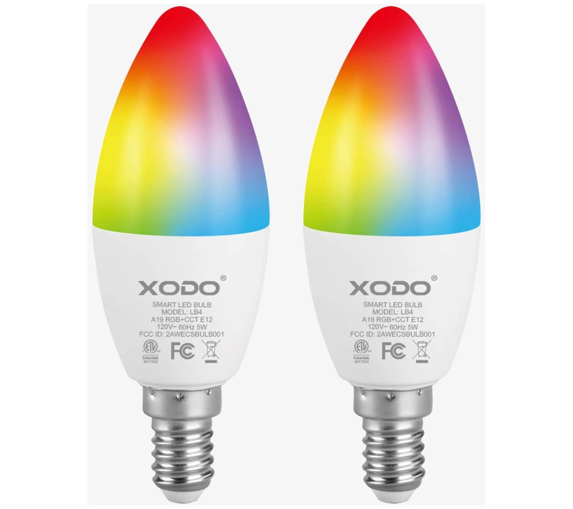 XODO Smart Candelabra LED Bulb 2-Pack Multi-Color WiFi E12 5W