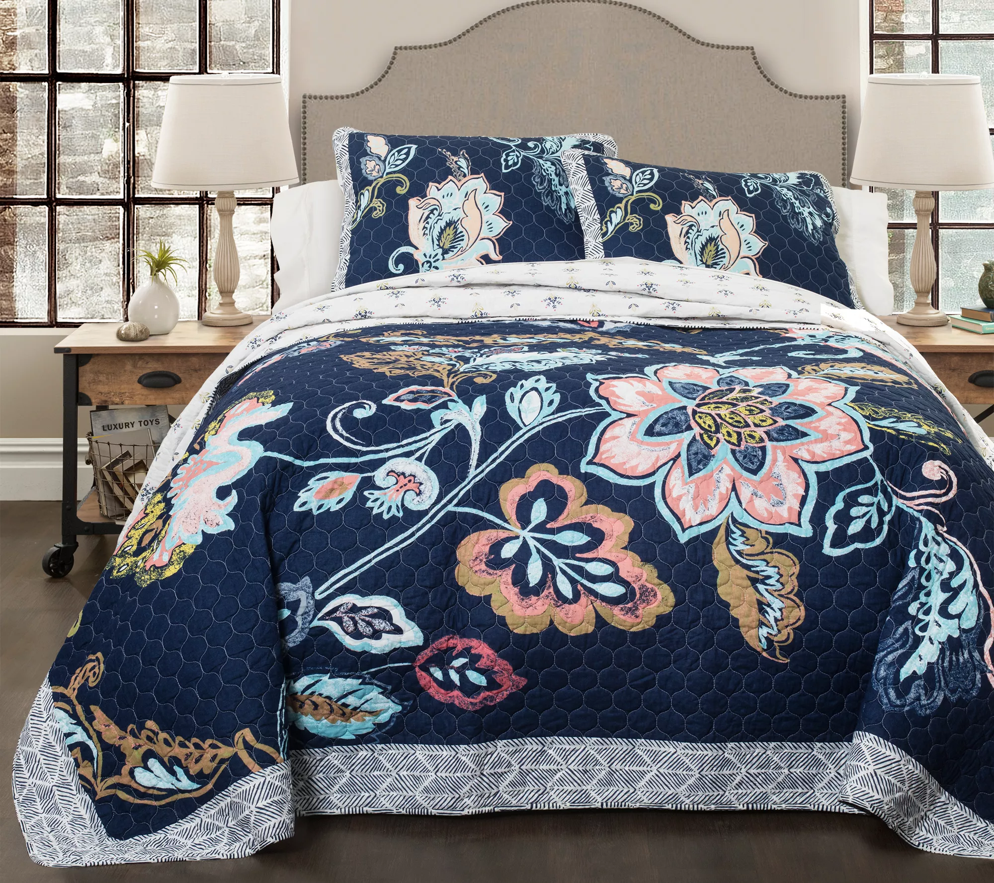 Aster 3-Piece King Navy Quilt Set by Lush Decor