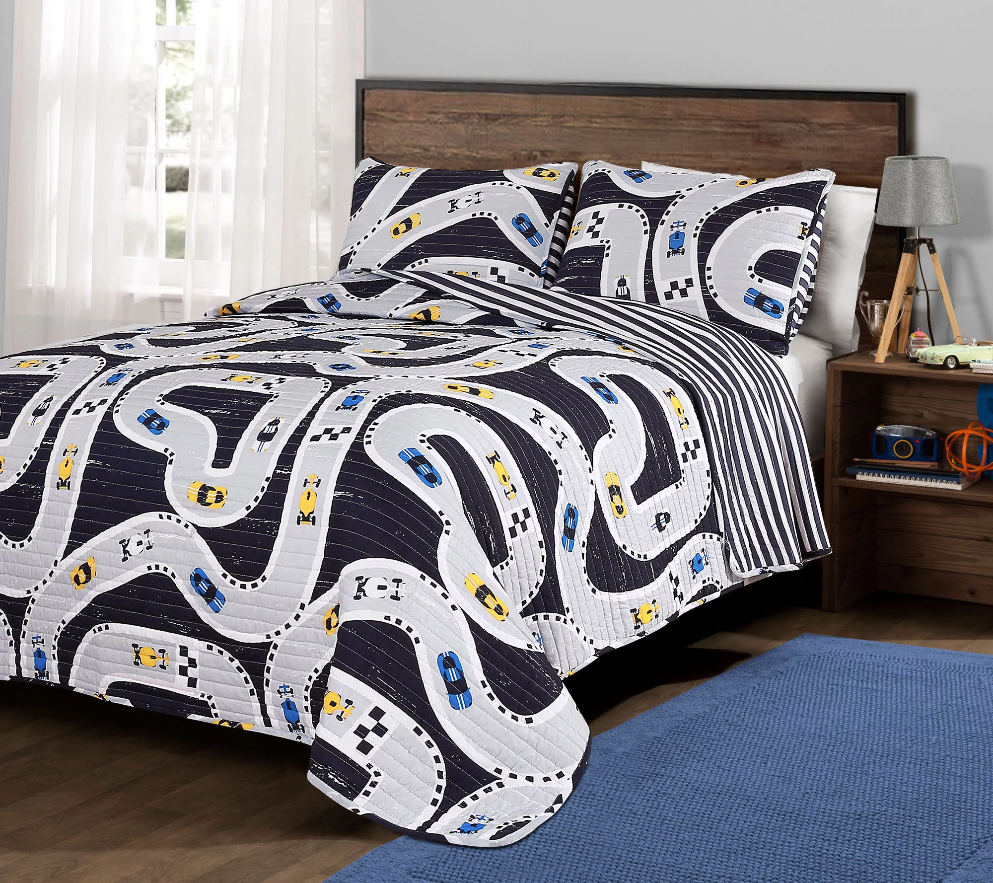 Car Tracks 2-Piece Twin Navy Quilt Set by LushDecor