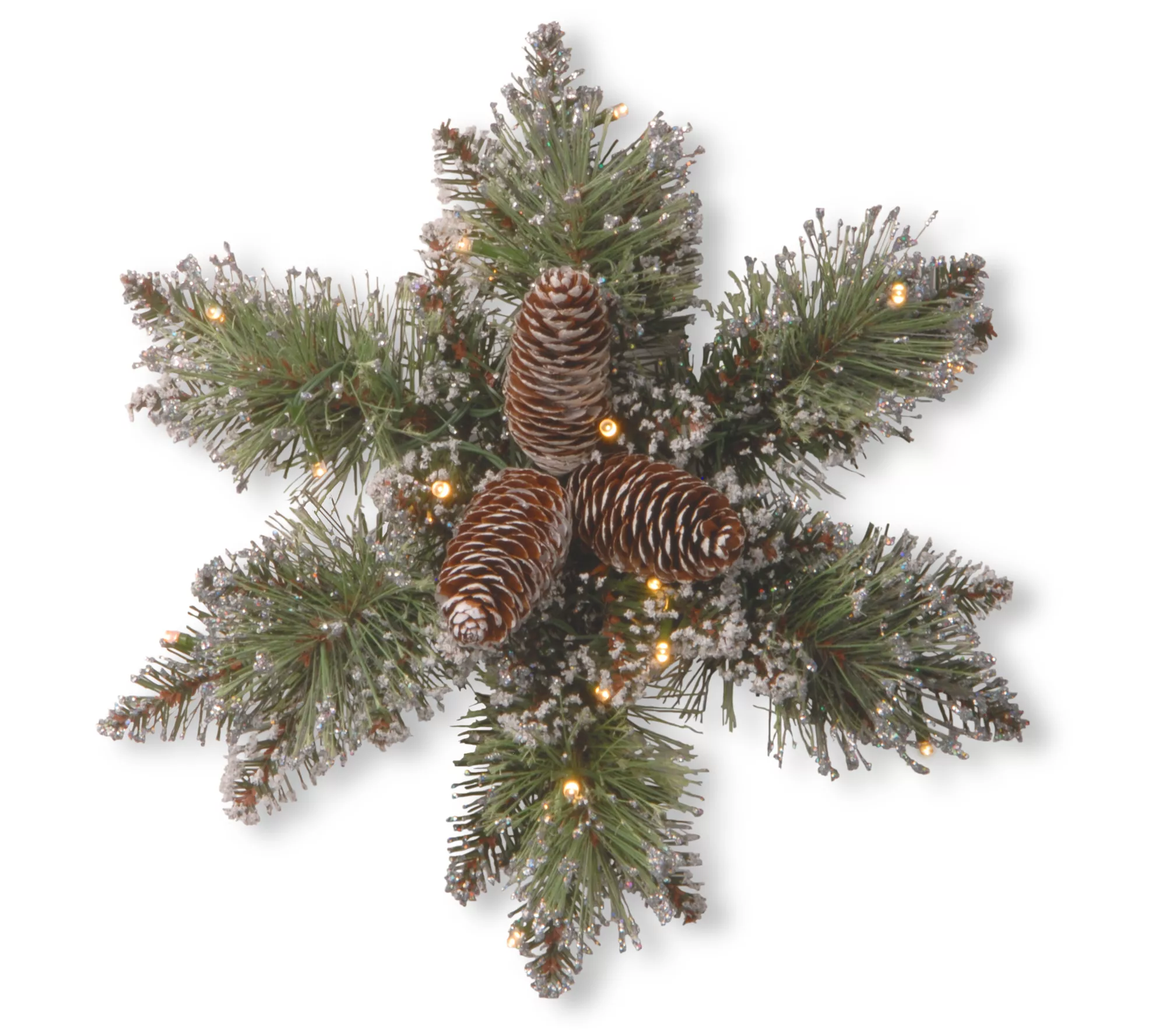 14" Glittery Pine Snowflake w/Batt Op White LEDLights