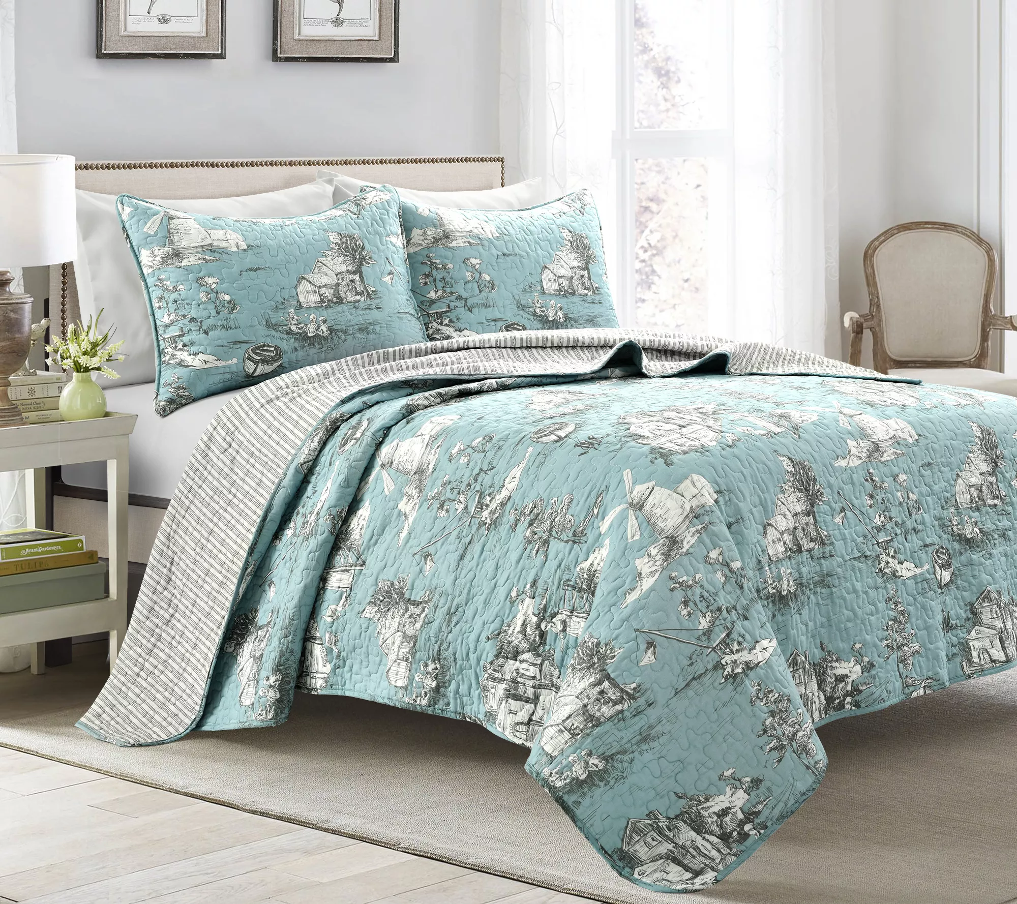 French Country Toile Cotton 3Pc King Quilt Set