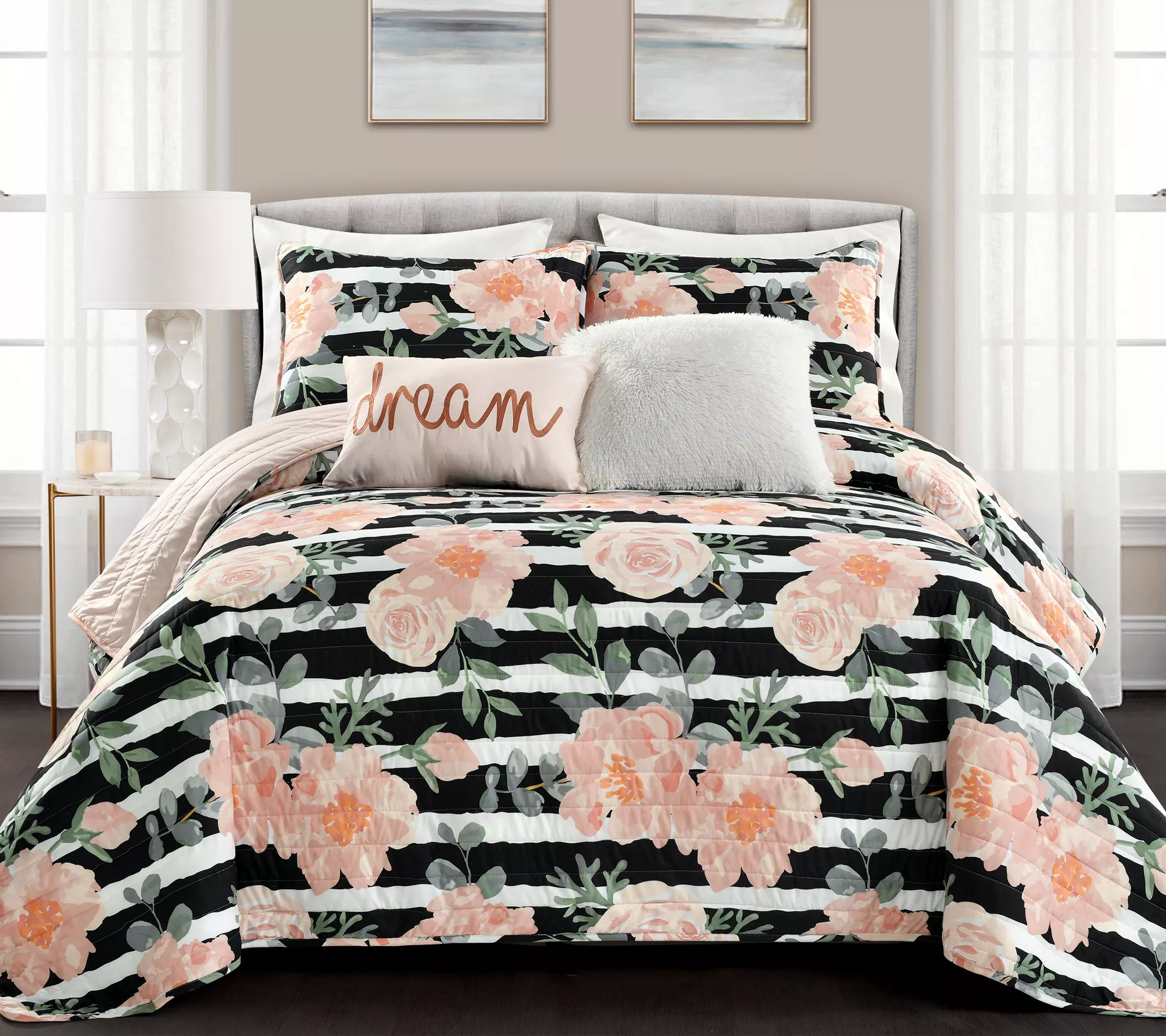 Amara Watercolor Rose 5Pc King Quilt Set by Lush Decor