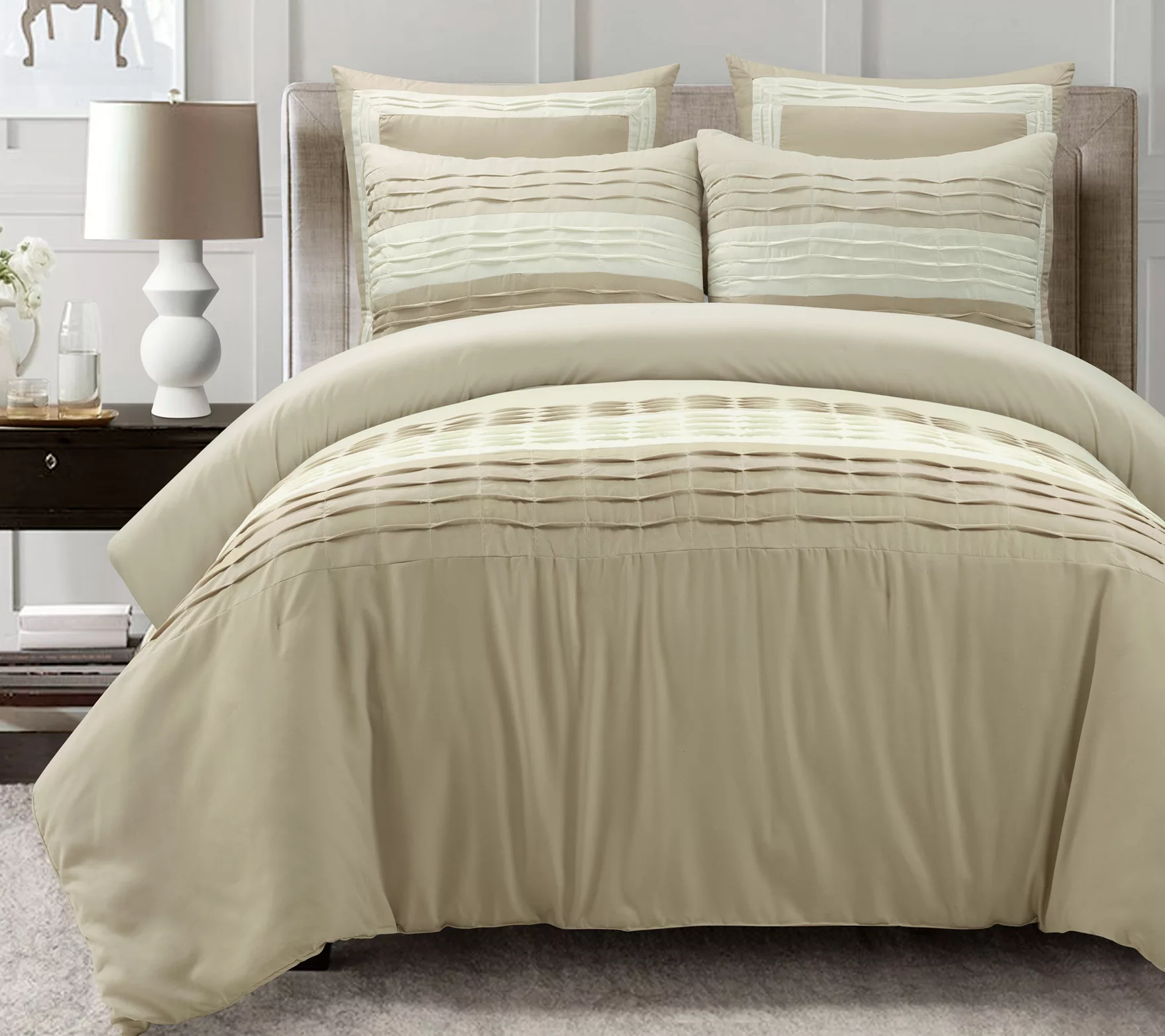 Lush Decor Mia Solid Pleated Color Block Comforter 5Pc Set F/Q