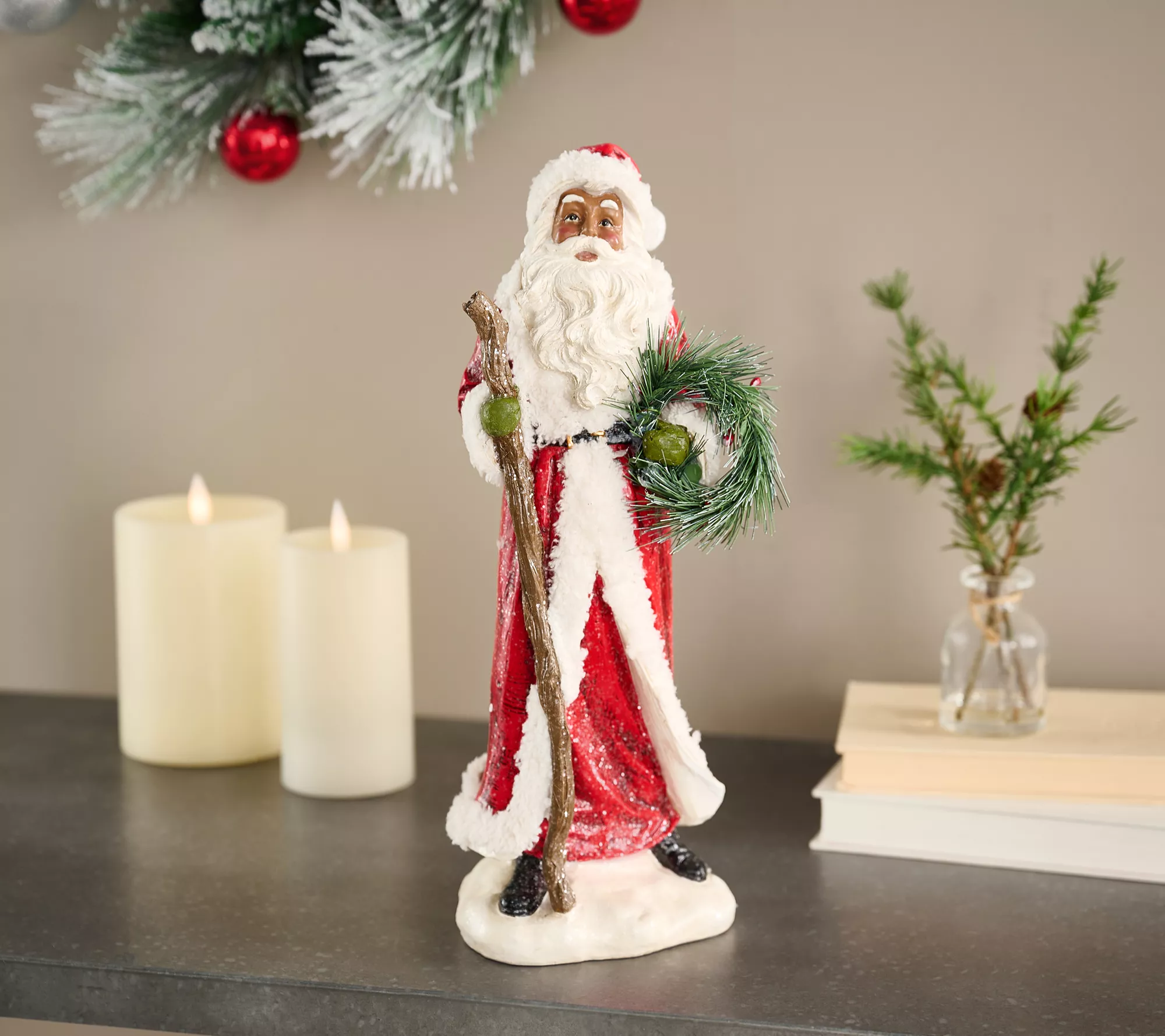 15" Santa with Wreath and Walking Stick by Valerie